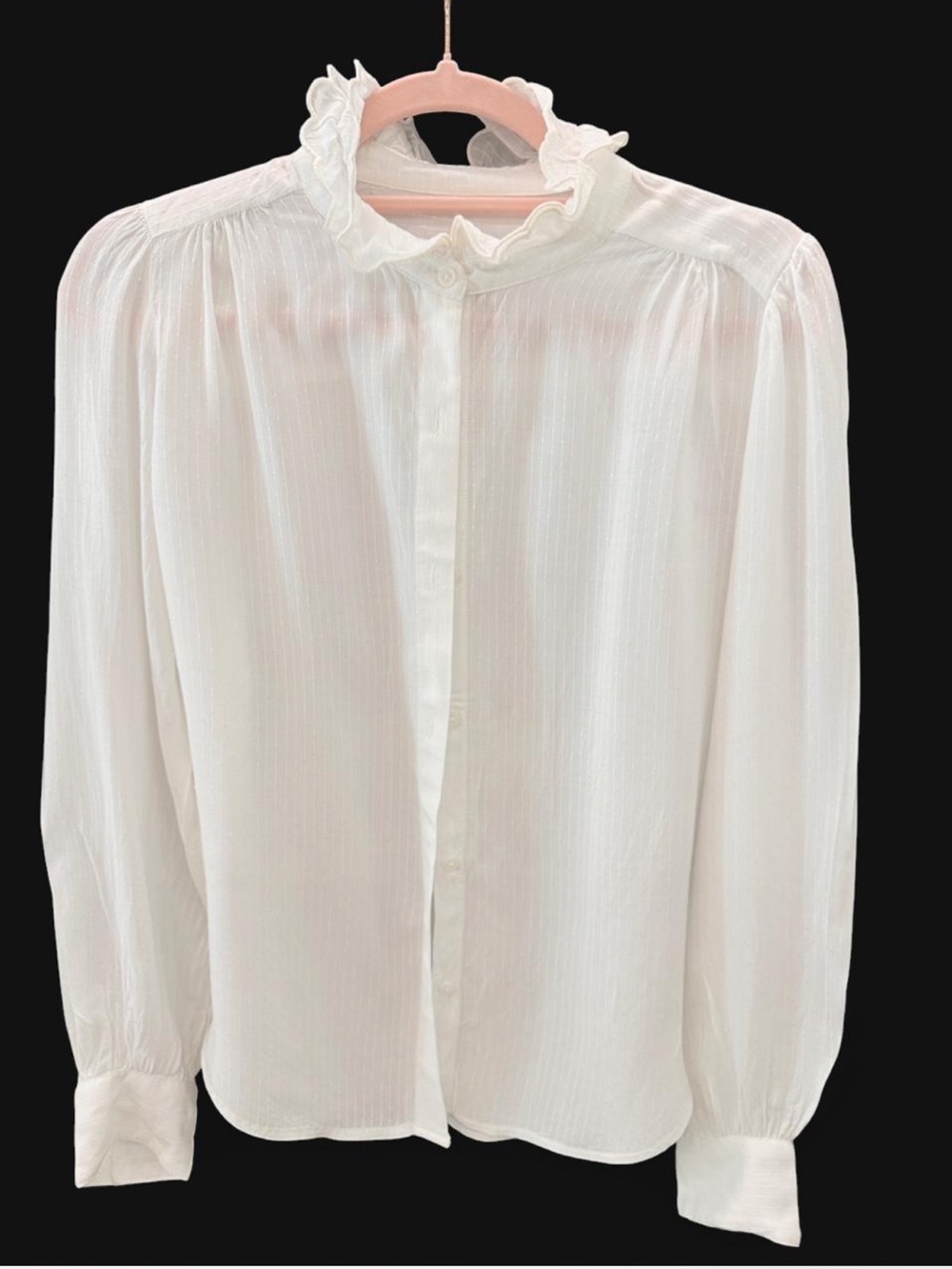 Banana Republic White Ruffle Neck Dobby Stripe Blouse Medium